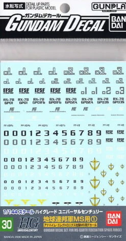 Bandai Gundam Decal No.30 HGUC Earth Federation MS No.1 Multiuse Decal Sheets